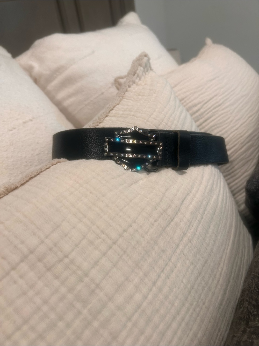 Black Leather Women's Belt with Decorative Silver-Tone Buckle